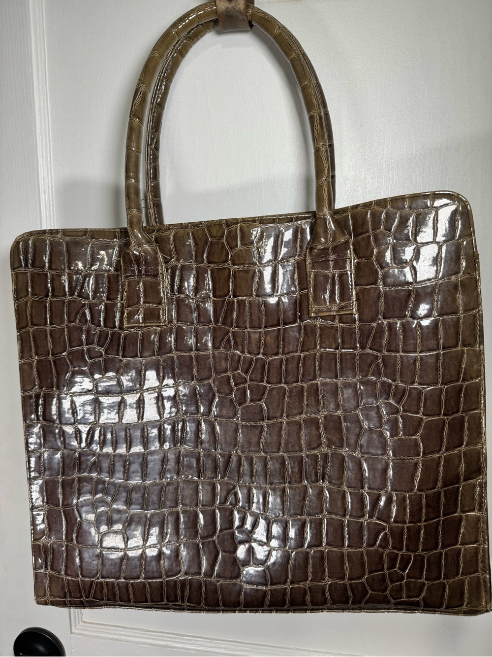 Murval Croc-Embossed Brown Patent Top-Handle Tote Laptop Bag - Picture 7 of 13